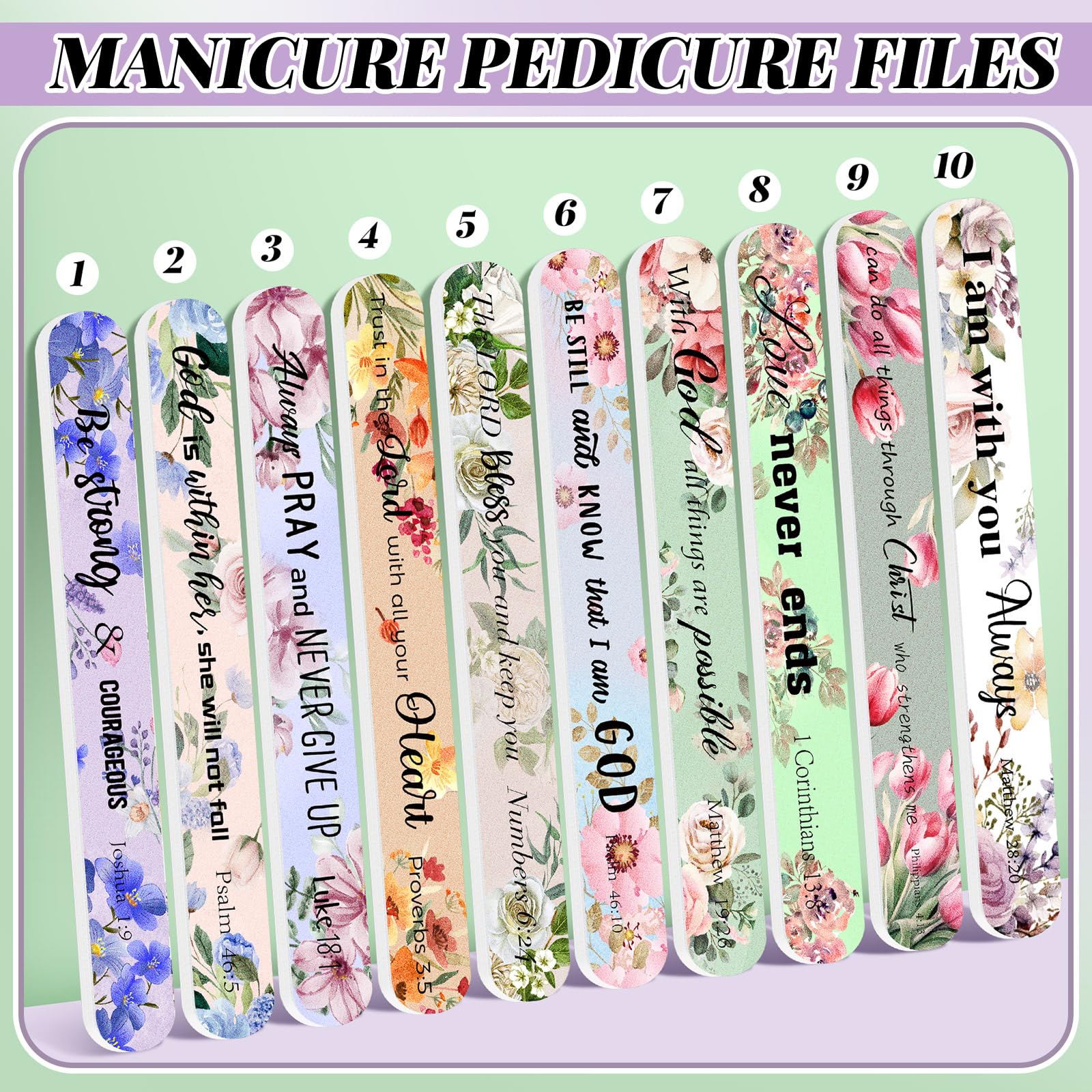 Lanties 50-Pack Christian Nail Files – 10 Styles, Double-Sided Emery Boards