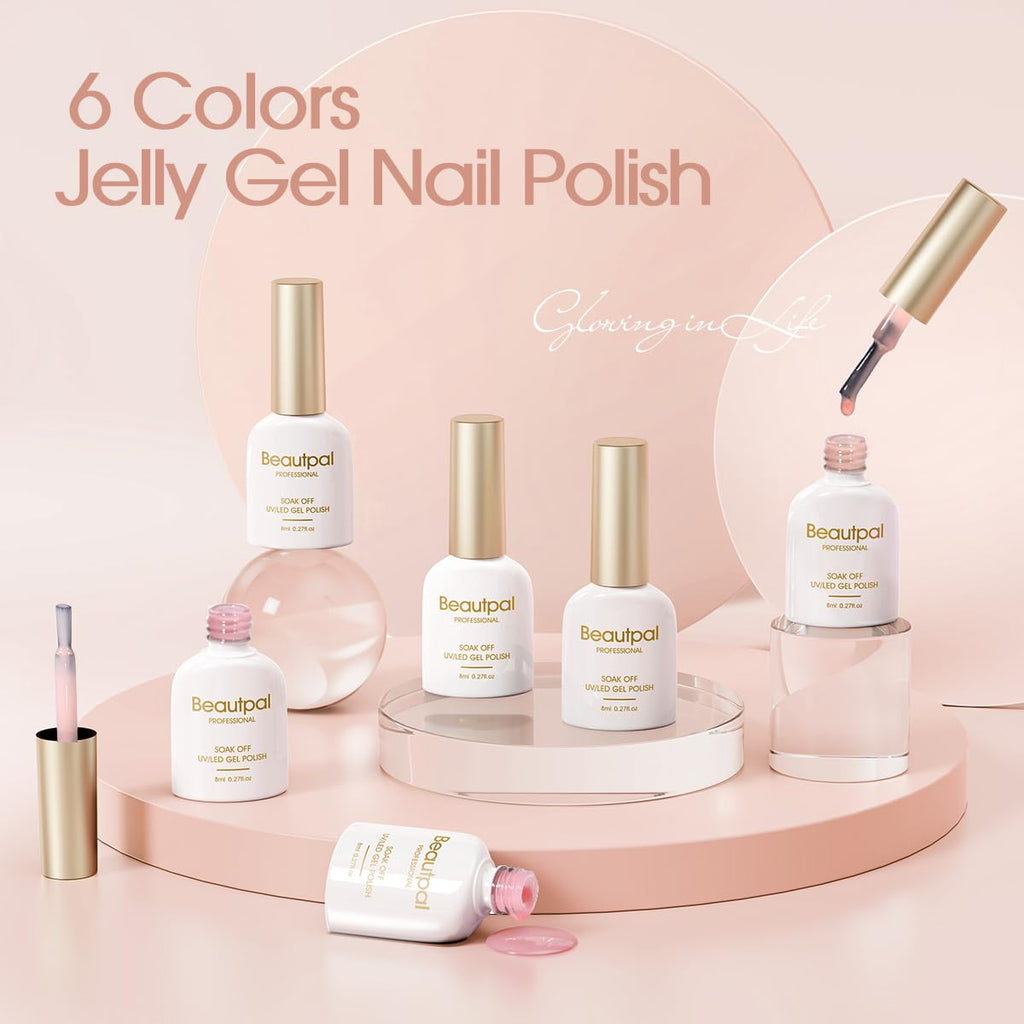Larvall Beautpal Nude Gel Polish Set – Milky Nude Jelly Gel Polish Kit, 6×8ml, Soak-Off UV Translucent Nails J03