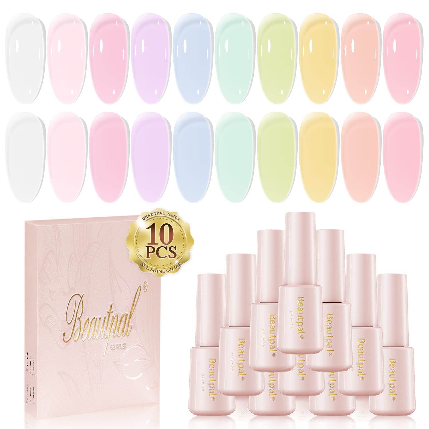 Larvall Beautpal Pastel Jelly Gel Nail Polish Set – 10x 7ml Milky White, Pink, Green, Blue, Yellow, Orange