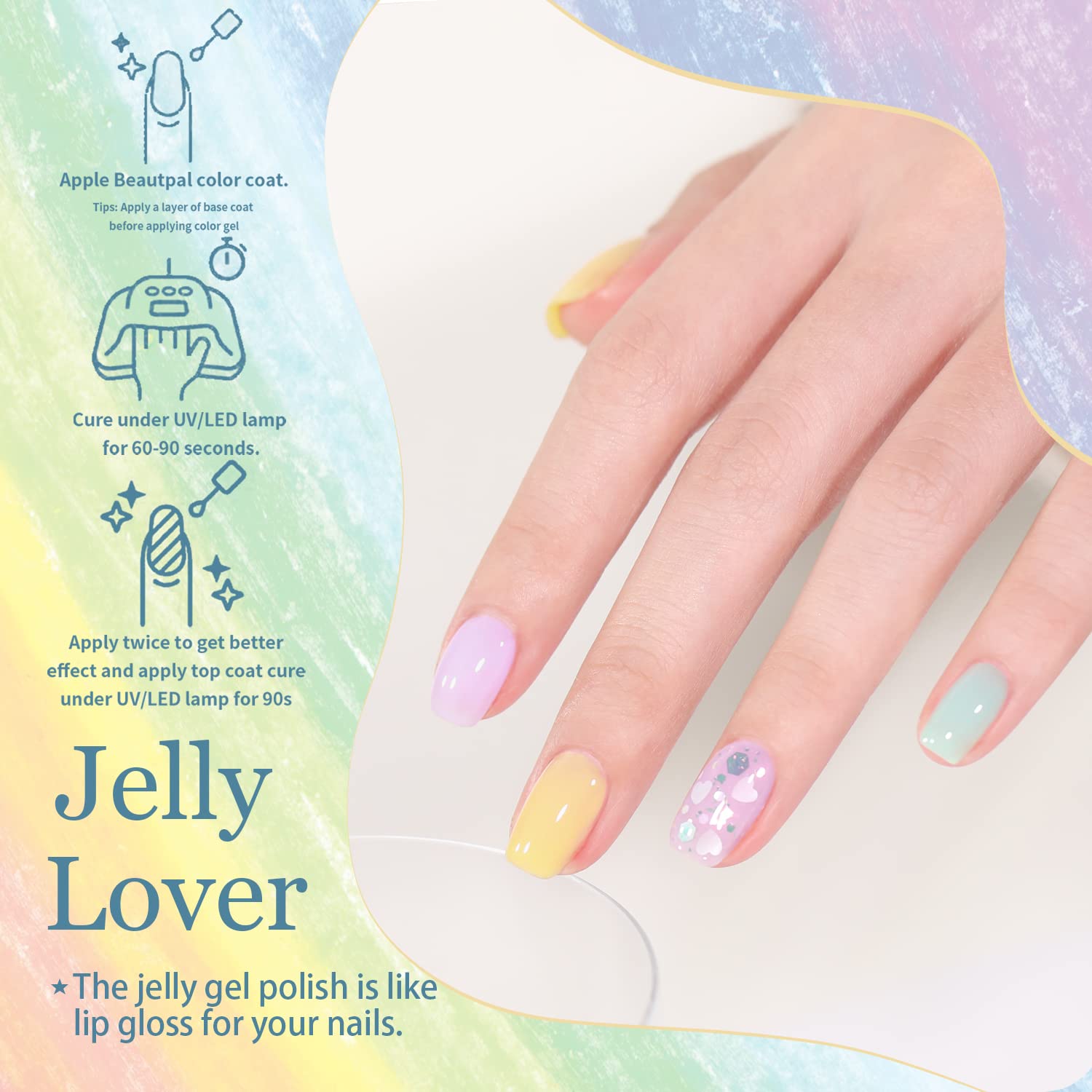 Larvall Beautpal Pastel Jelly Gel Nail Polish Set – 10x 7ml Milky White, Pink, Green, Blue, Yellow, Orange