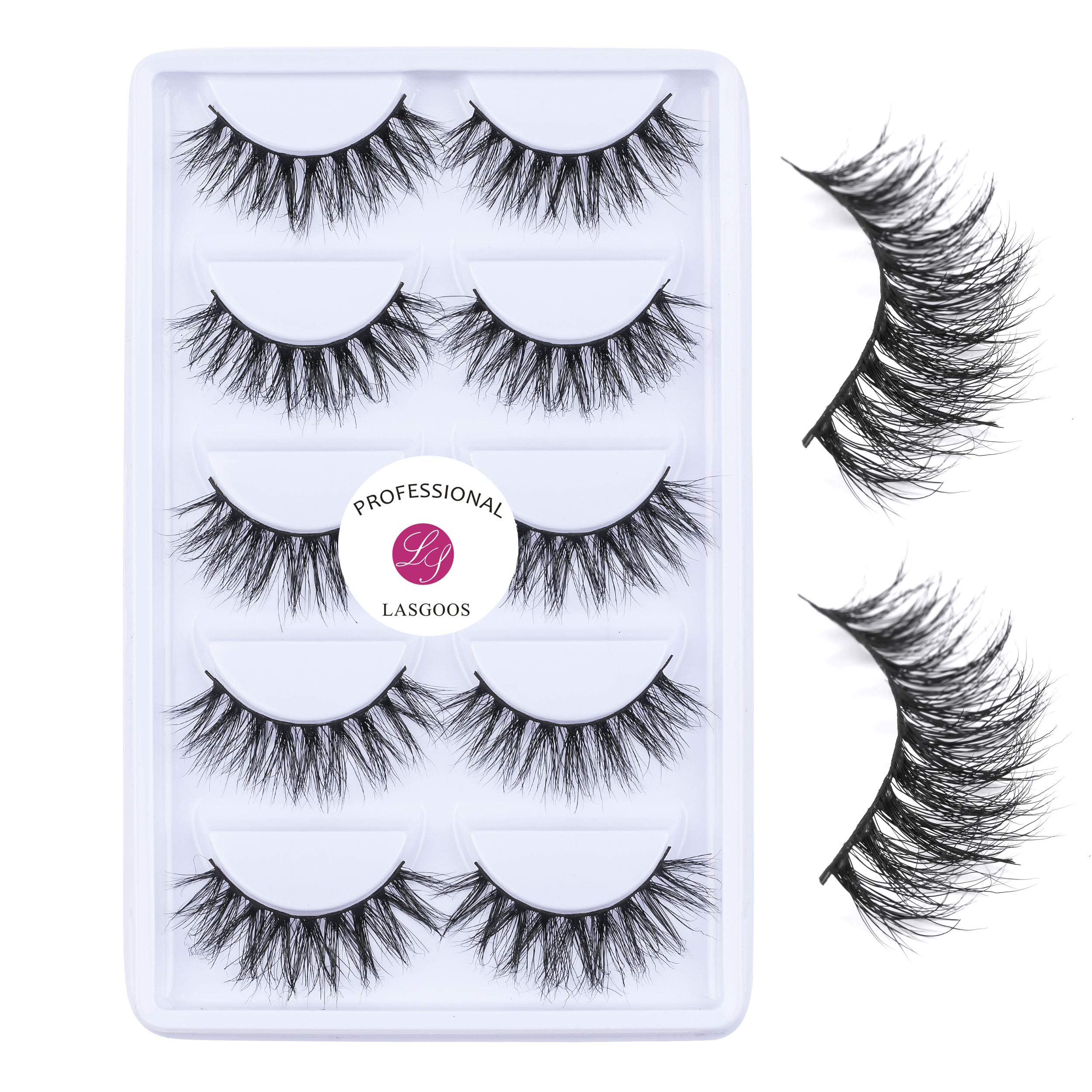 LASGOOS 3D Mink Lashes A14 – 100% Siberian Mink, Cruelty-Free, Reusable, 5 Pairs