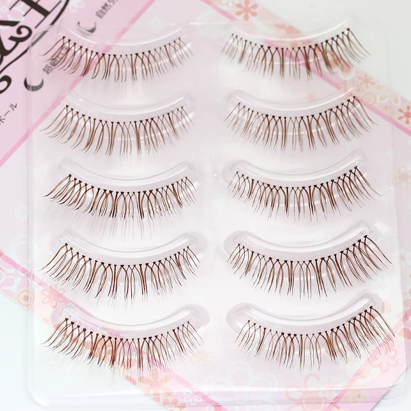 LASGOOS Brown Natural False Eyelashes – Lightweight Short Volume, Clear Band, Cruelty-Free, Reusable (5 Pairs)