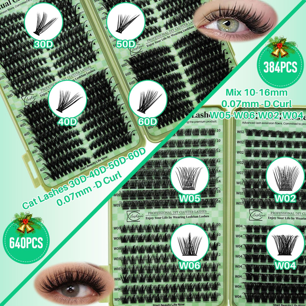 LASHSUN Lash Clusters Kit – Wispy Cat Eye Lashes with Bond, Seal, Remover & Tweezers