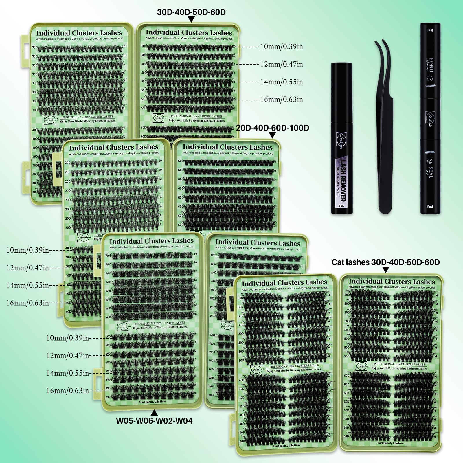 LASHSUN Lash Clusters Kit – Wispy Cat Eye Lashes with Bond, Seal, Remover & Tweezers