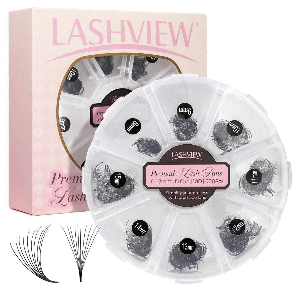 LASHVIEW 600 Premade Volume Eyelash Extensions – D Curl, 10D-0.07D, 8–15mm