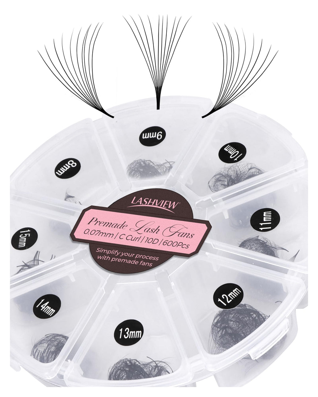 LASHVIEW 600 Premade Volume Lash Fans – C Curl, 10D-0.07C, 8-15mm | Mixed Tray Bulk (600/1000)