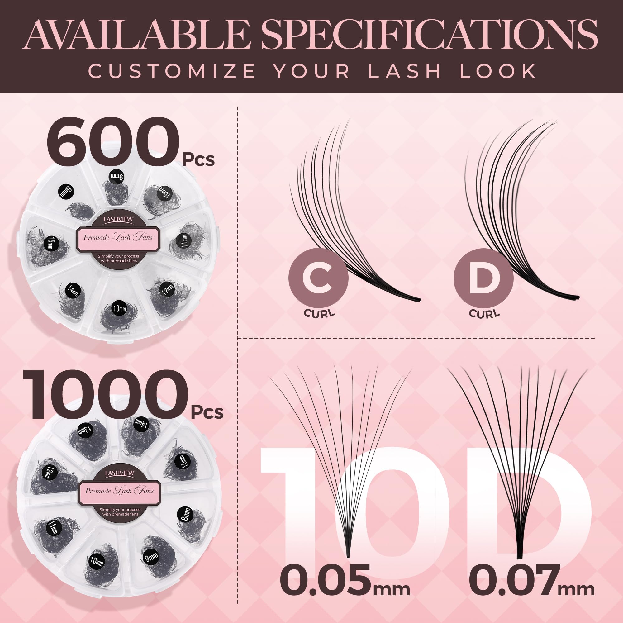 LASHVIEW 600 Premade Volume Lash Fans – C Curl, 10D-0.07C, 8-15mm | Mixed Tray Bulk (600/1000)