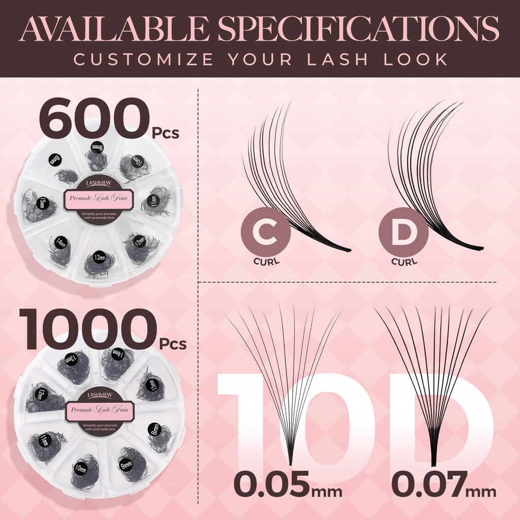 LASHVIEW 600 Premade Volume Eyelash Extensions – D Curl, 10D-0.07D, 8–15mm