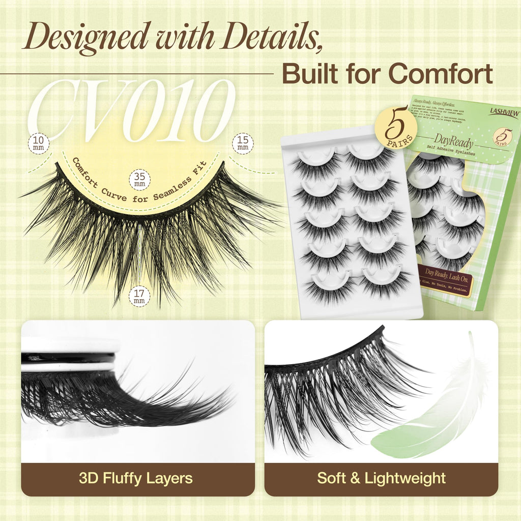LASHVIEW Self Adhesive Eyelashes – Natural Look, No Glue Needed | 5 Pairs CV010
