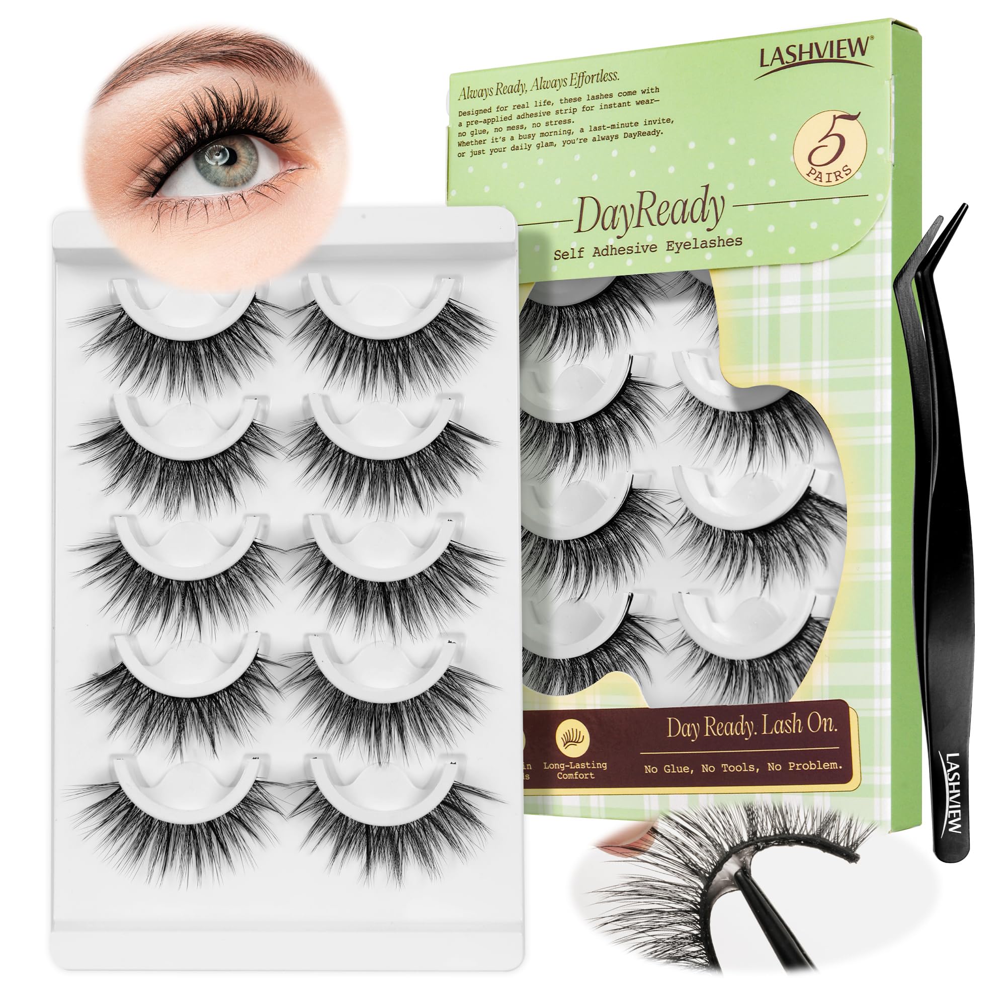 LASHVIEW Self Adhesive Eyelashes – Natural Look, No Glue Needed | 5 Pairs CV010