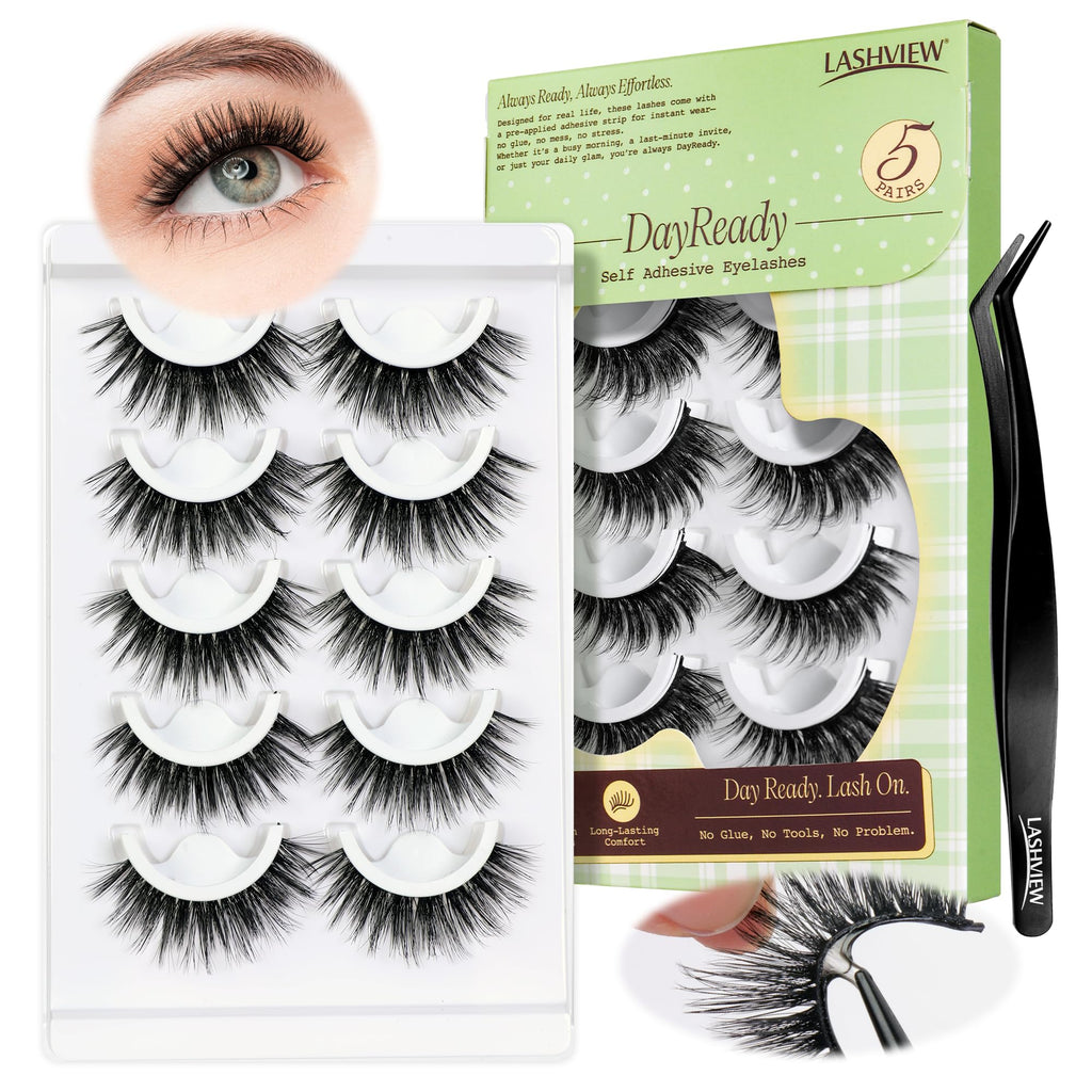 LASHVIEW Self Adhesive Eyelashes – Natural Look, No Glue Needed, Reusable 5 Pairs (CV031)