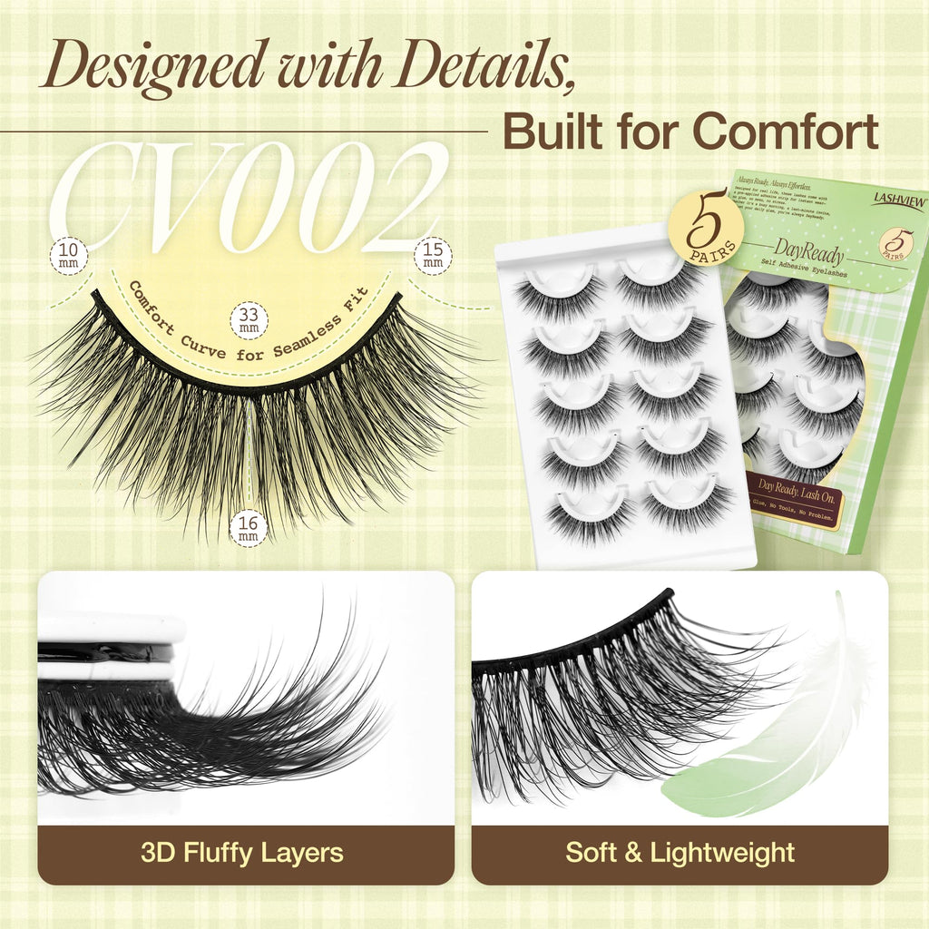 LASHVIEW Self-Adhesive Eyelashes – Natural Look Press-On Lashes, 5 Pairs