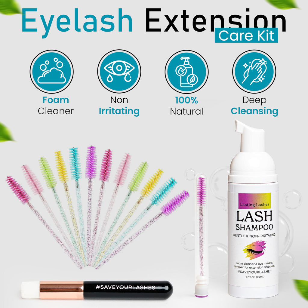 Lasting Lashes Eyelash Extension Shampoo | Eyelash Extension Cleanser with Brush and 12 Spoolies | Safe and Gentle Wash for Extensions and Natural Lashes | 1.7 fl oz 50ml Lash Shampoo