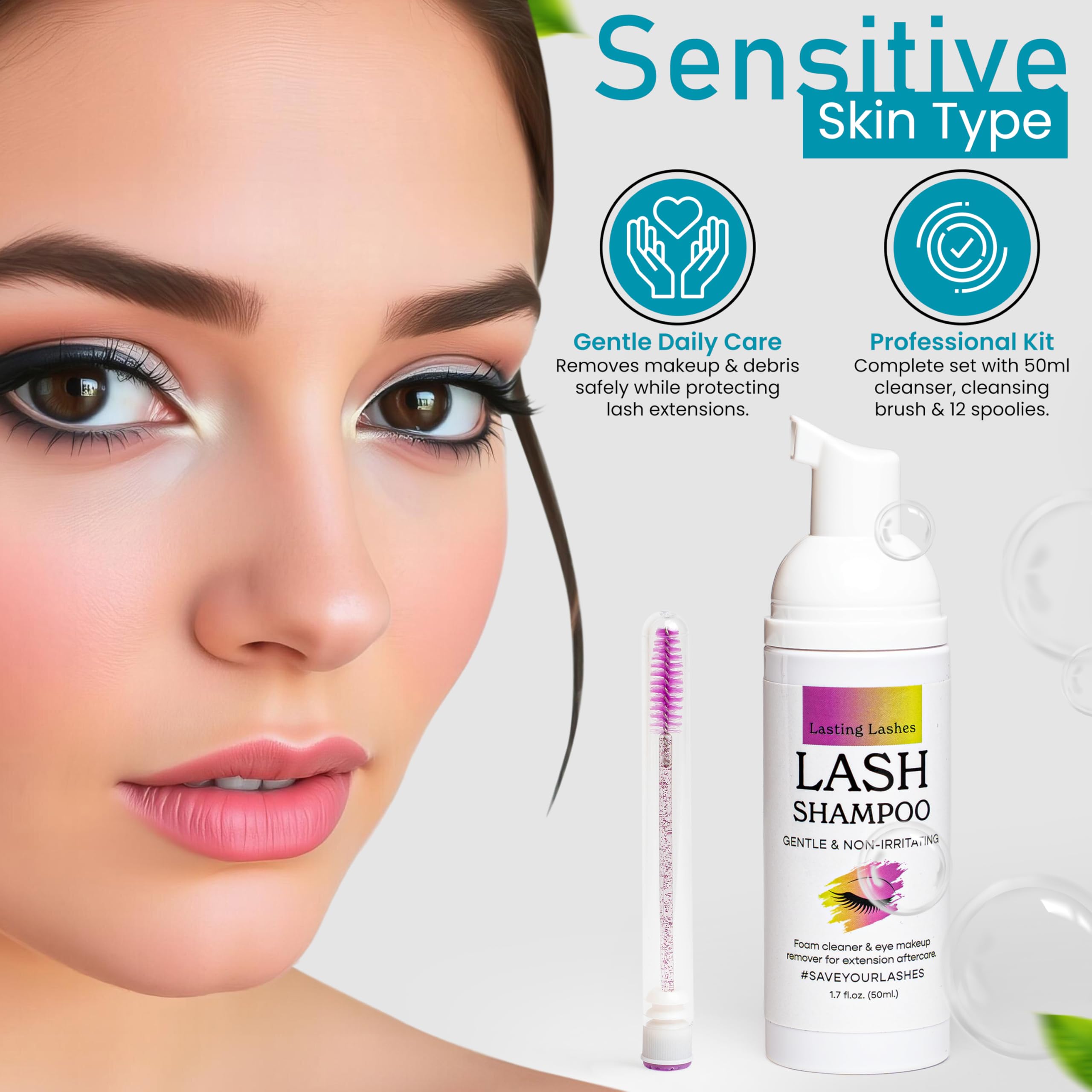 Lasting Lashes Eyelash Extension Shampoo | Eyelash Extension Cleanser with Brush and 12 Spoolies | Safe and Gentle Wash for Extensions and Natural Lashes | 1.7 fl oz 50ml Lash Shampoo