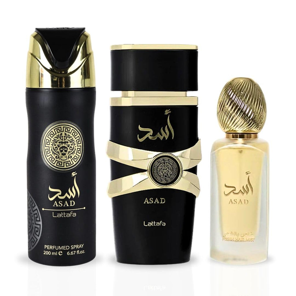 Lattafa Asad Gift Set — EDP 100ML, Hair Mist 50ML, Perfumed Spray 200ML
