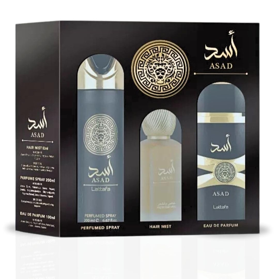 Lattafa Asad Gift Set — EDP 100ML, Hair Mist 50ML, Perfumed Spray 200ML