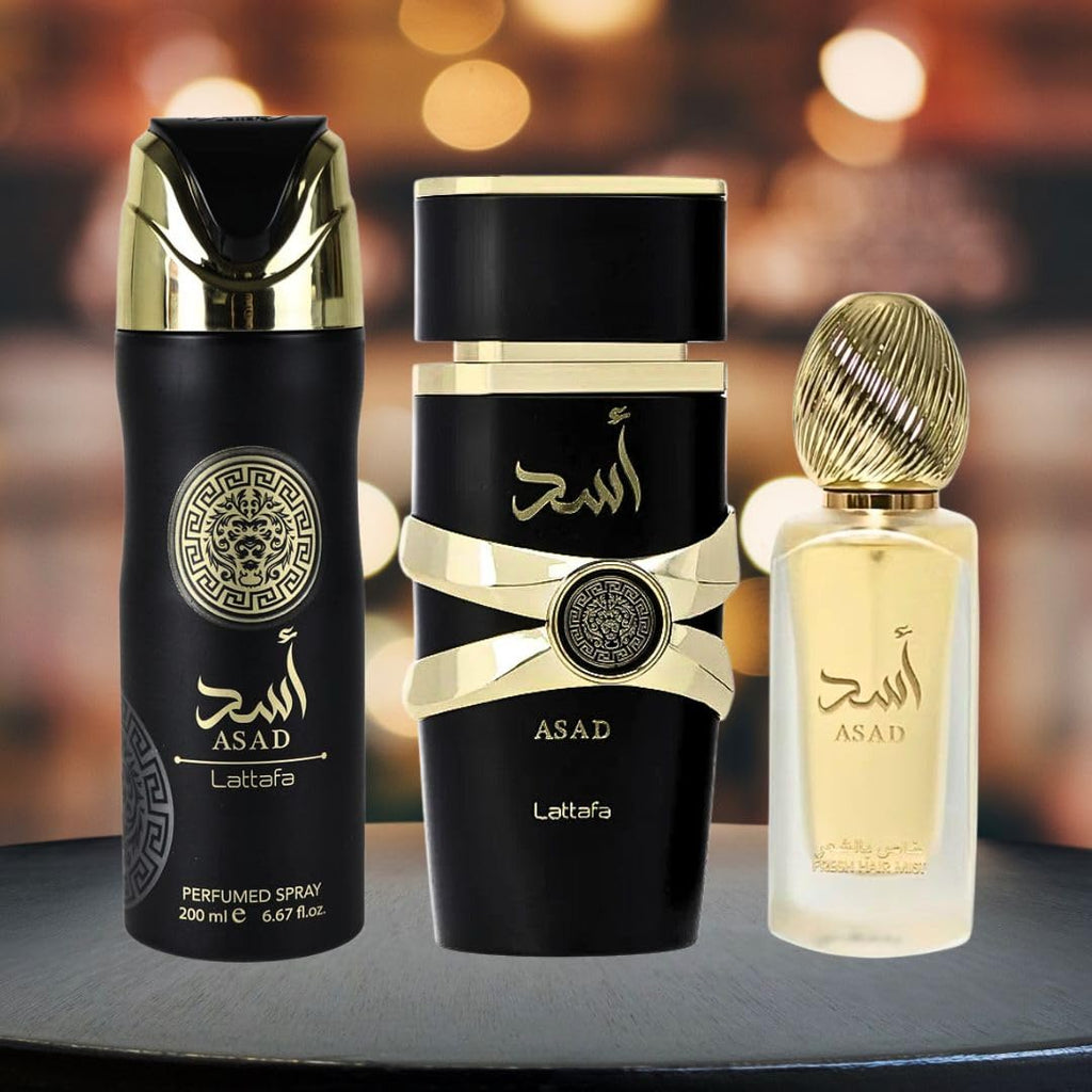 Lattafa Asad Gift Set — EDP 100ML, Hair Mist 50ML, Perfumed Spray 200ML