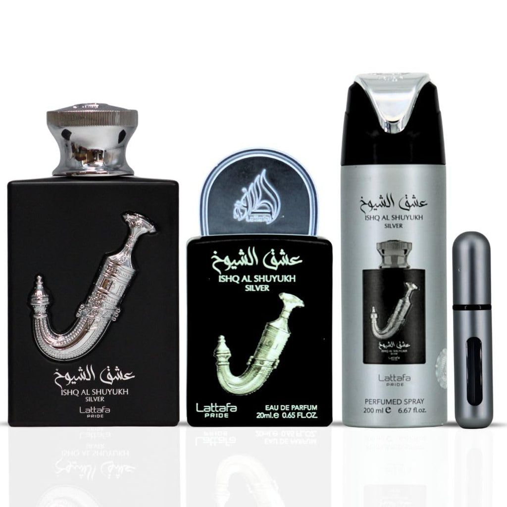 Lattafa Pride Ishq Al Shuyukh Silver 3-Piece Gift Set – Long Lasting Arabian Perfume for Men