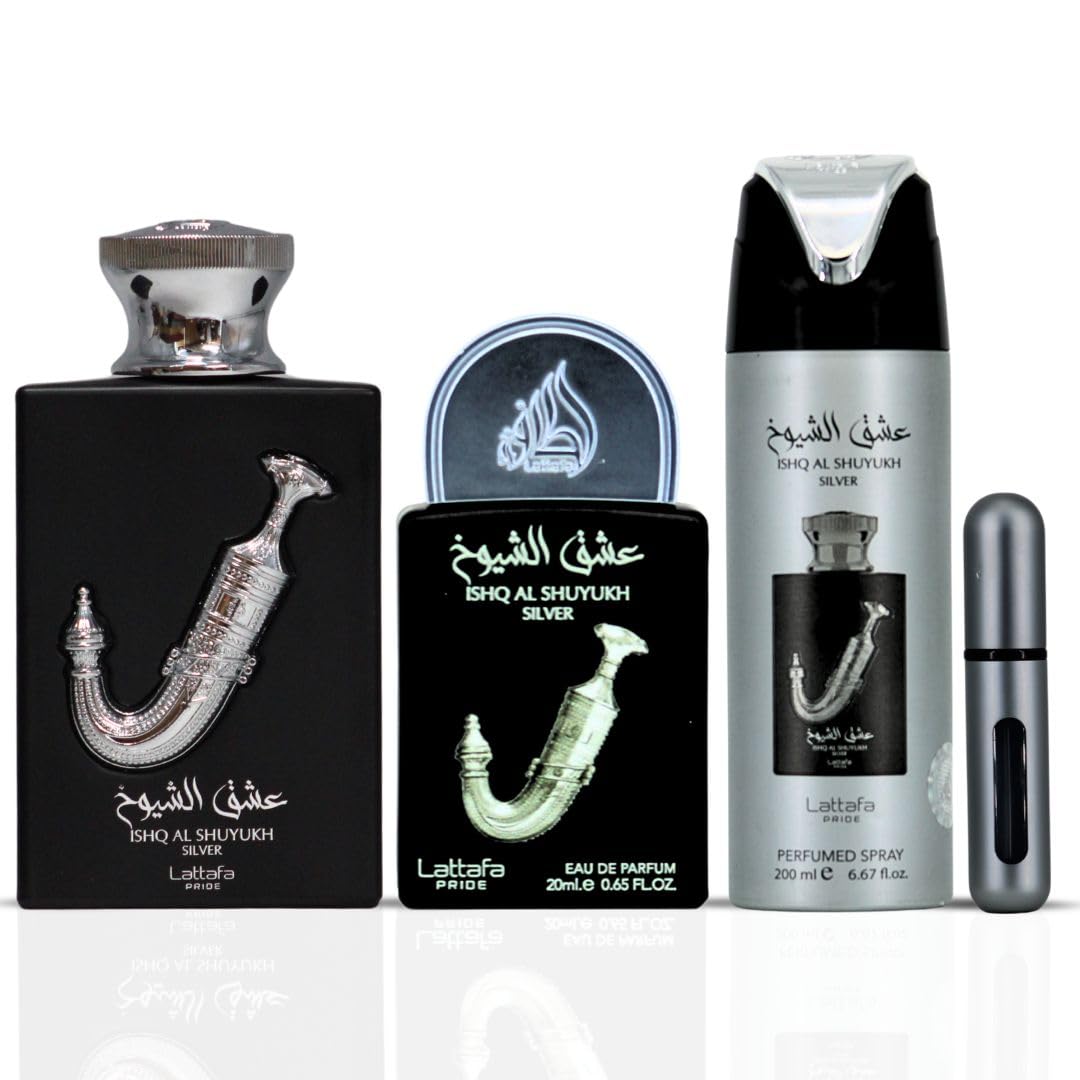 Lattafa Pride Ishq Al Shuyukh Silver 3-Piece Gift Set – Long Lasting Arabian Perfume for Men