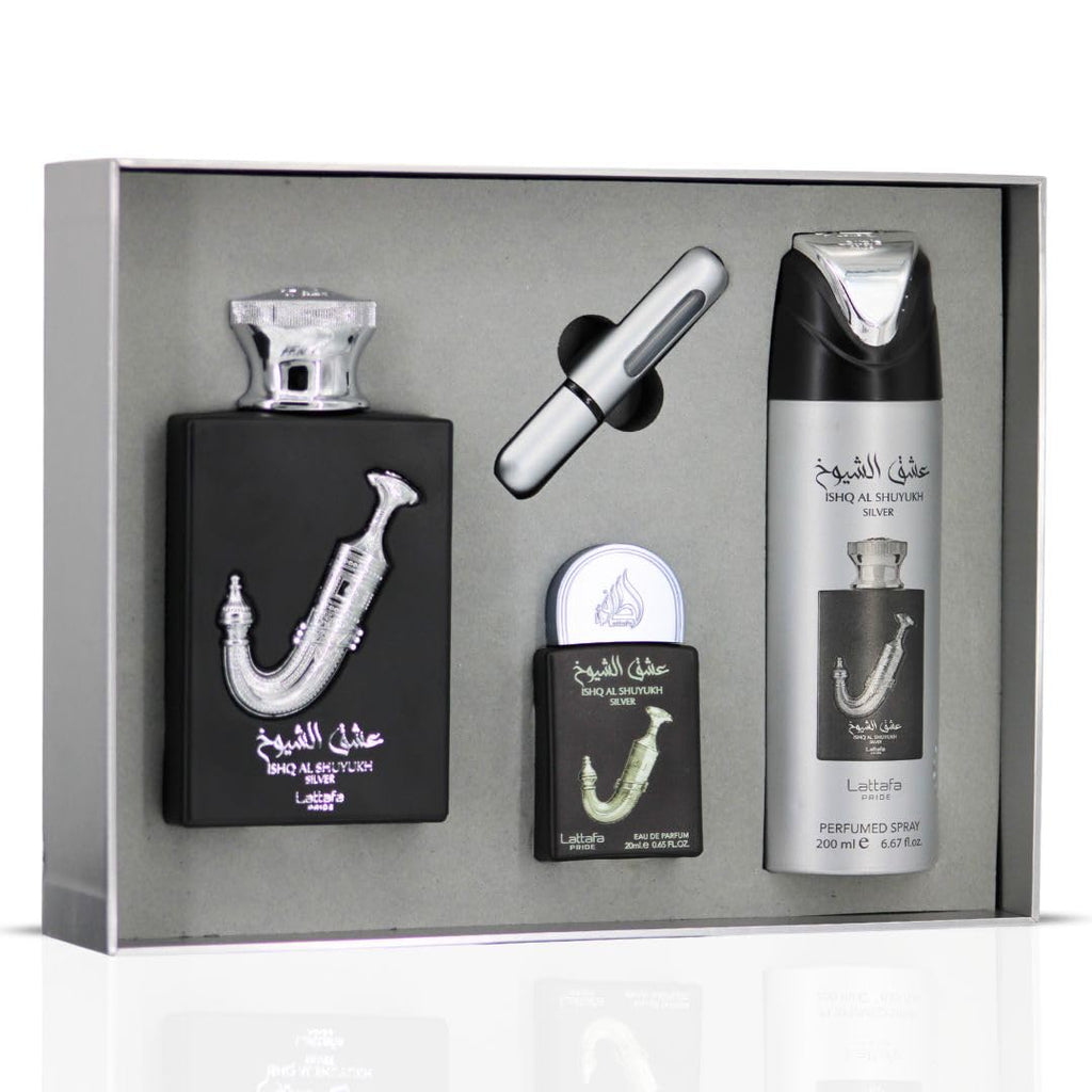 Lattafa Pride Ishq Al Shuyukh Silver 3-Piece Gift Set – Long Lasting Arabian Perfume for Men