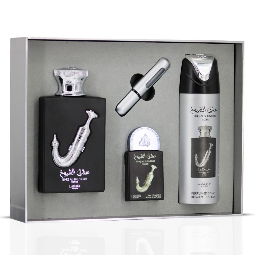 Lattafa Pride Ishq Al Shuyukh Silver 3-Piece Gift Set – Long Lasting Arabian Perfume for Men