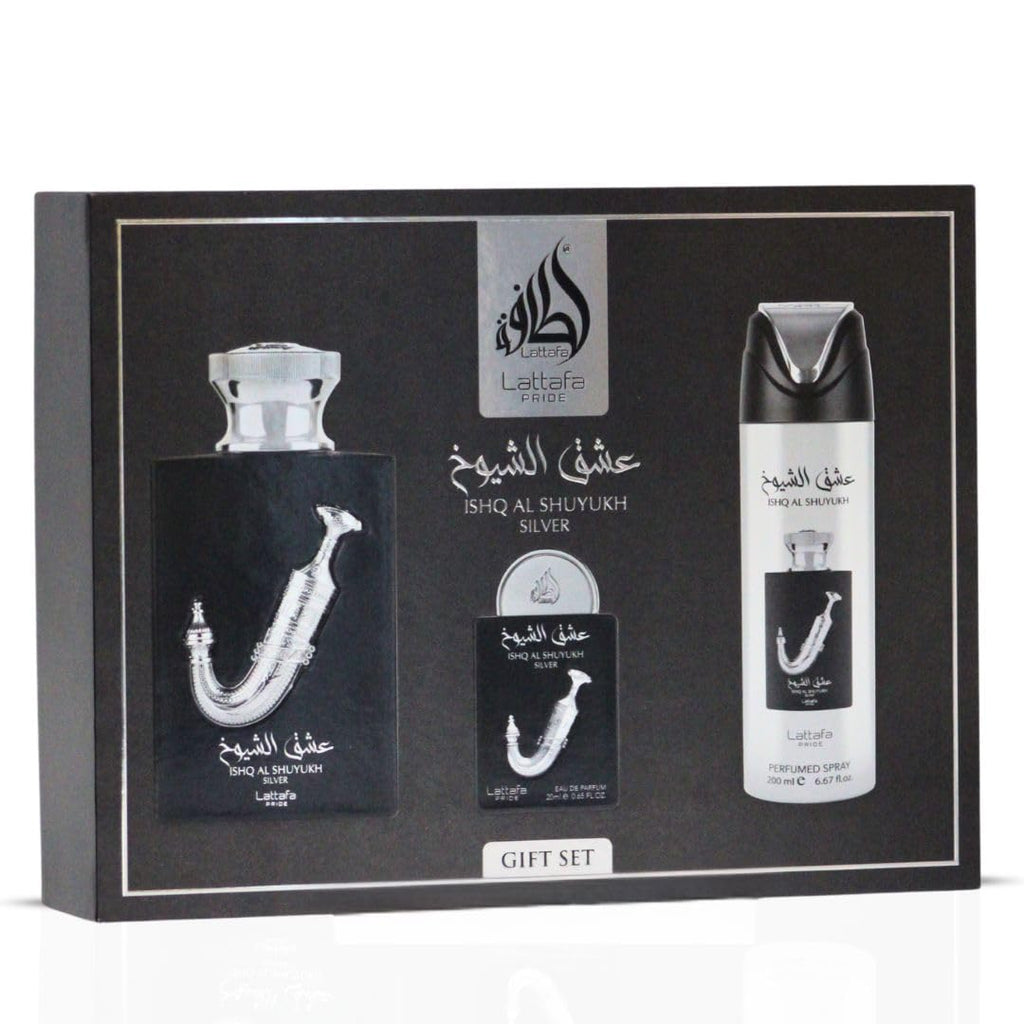 Lattafa Pride Ishq Al Shuyukh Silver 3-Piece Gift Set – Long Lasting Arabian Perfume for Men
