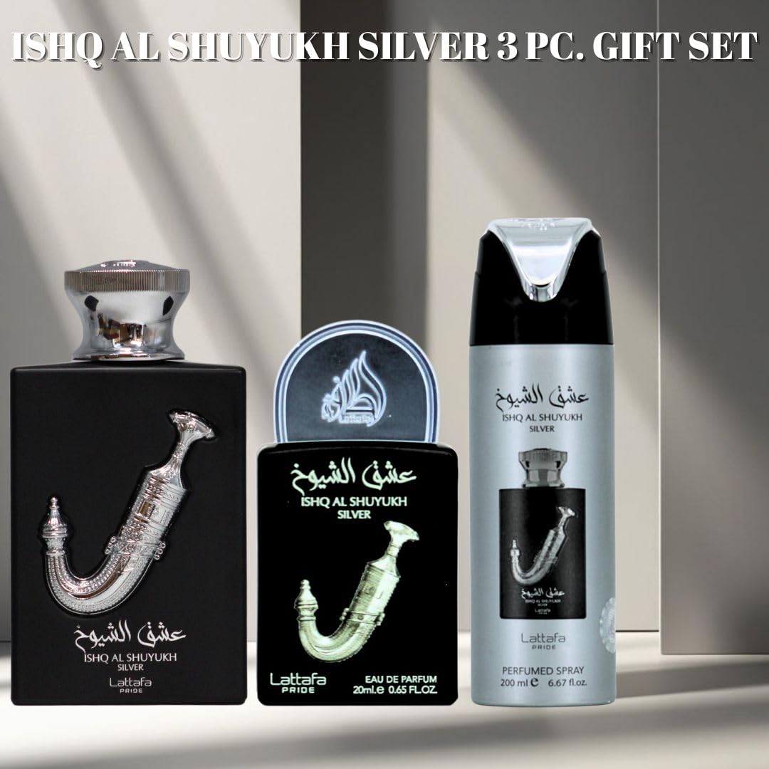 Lattafa Pride Ishq Al Shuyukh Silver 3-Piece Gift Set – Long Lasting Arabian Perfume for Men
