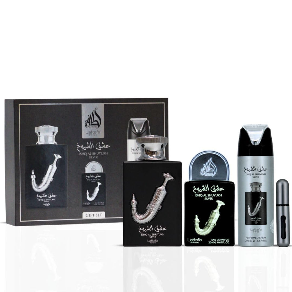 Lattafa Pride Ishq Al Shuyukh Silver 3-Piece Gift Set – Long Lasting Arabian Perfume for Men