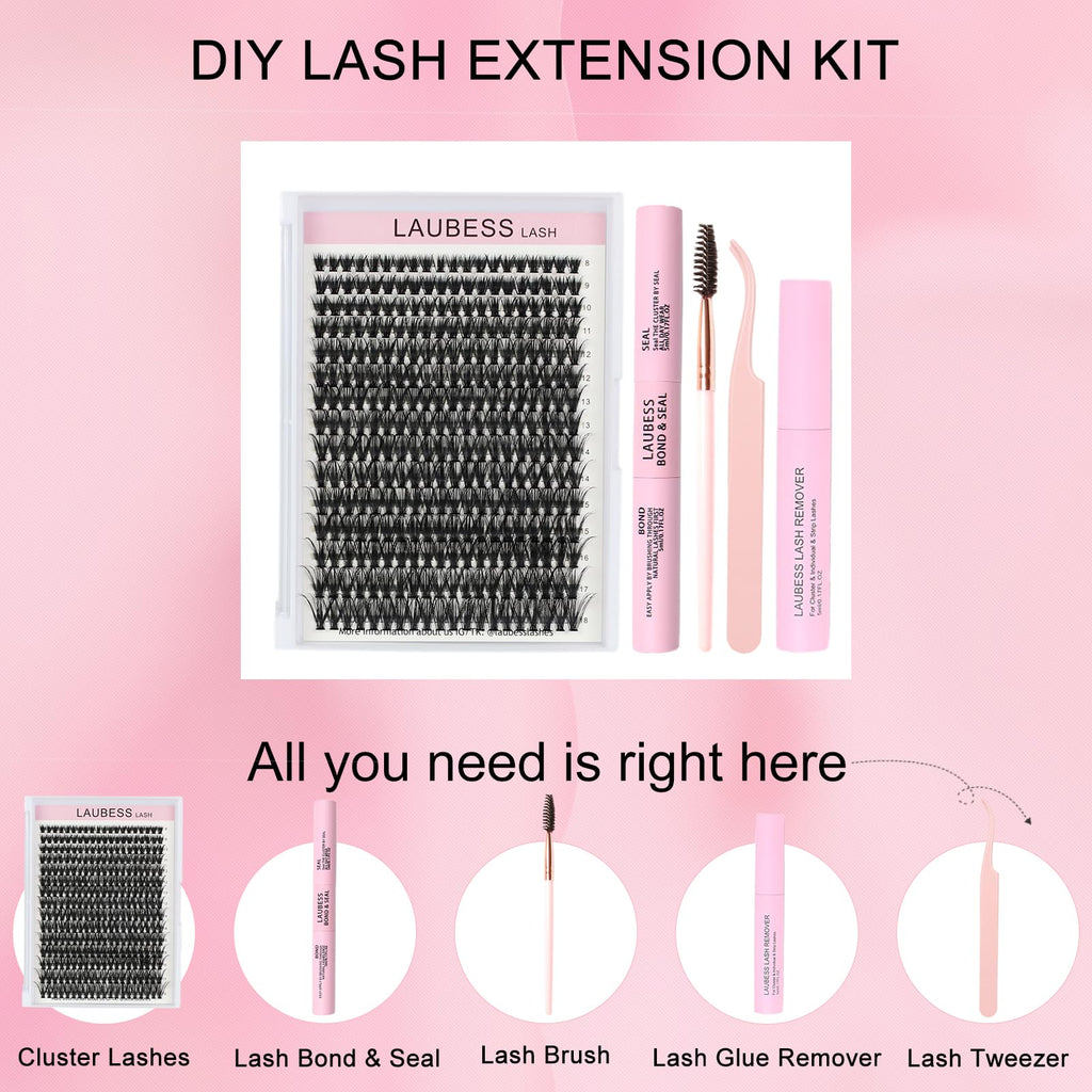 LAUBESS LASH Lash Extension Kit 300 Pcs – DIY Clusters, Bond & Seal, Remover, Tweezers