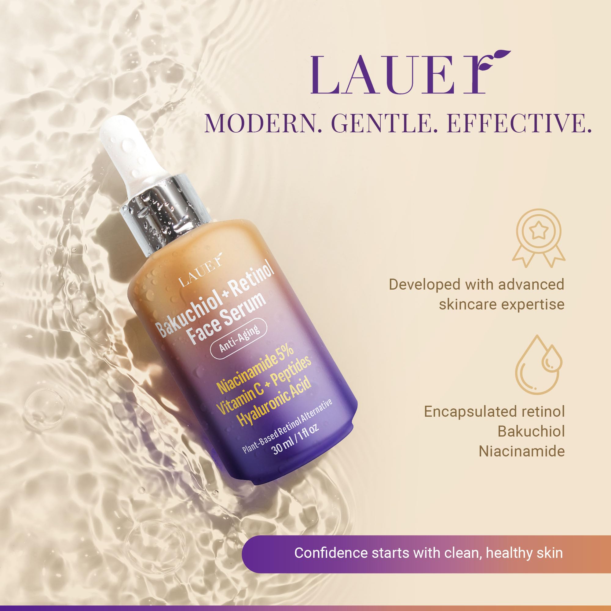 Bakuchiol Retinol Serum for Face with Vitamin C, Hyaluronic Acid & Niacinamide | Vegan Fragrance-Free | LAUER COSMETIC