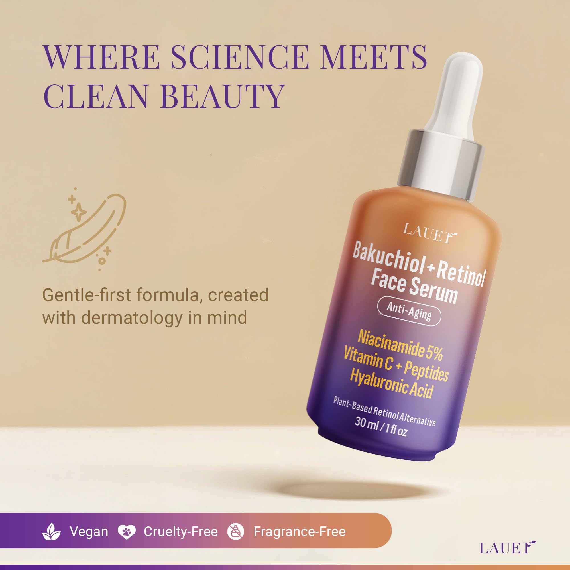 Bakuchiol Retinol Serum for Face with Vitamin C, Hyaluronic Acid & Niacinamide | Vegan Fragrance-Free | LAUER COSMETIC