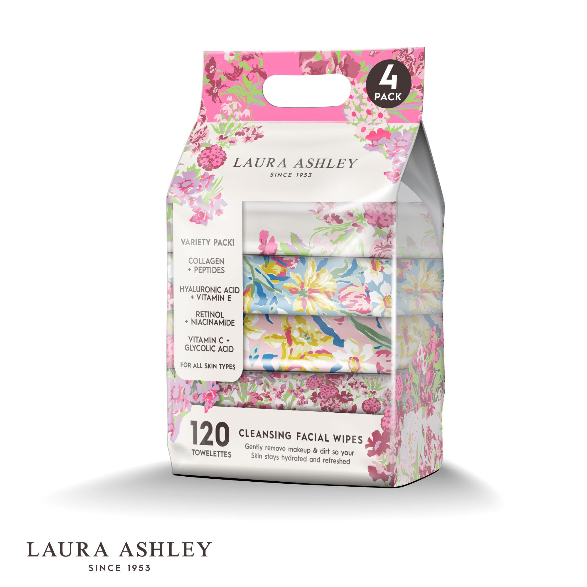 Laura Ashley 4-Pack Face Wipes for Women – Makeup Remover, Vitamin C, Retinol, Hyaluronic Acid | 120 Wipes