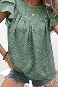 Polka Dot Ruffle Sleeve Ruched Round Neck Blouse Women UK