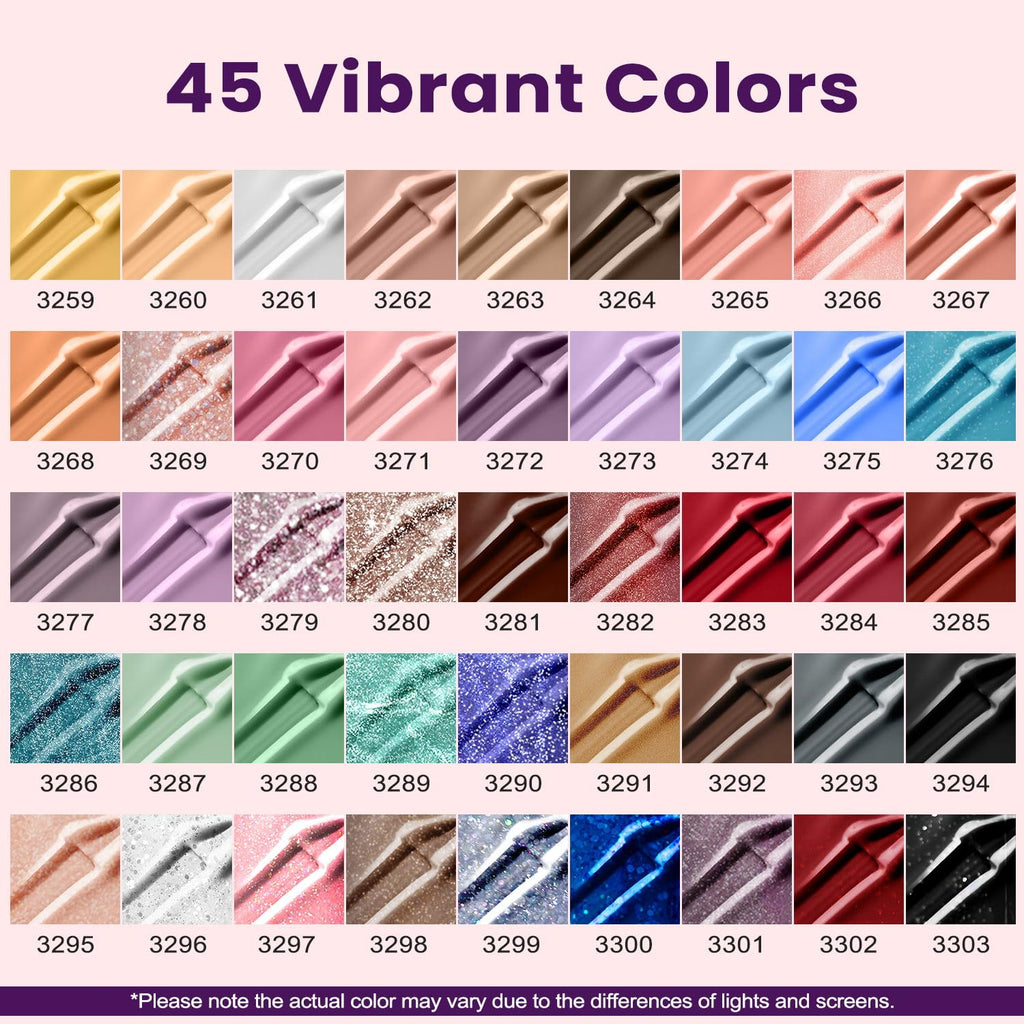 Lavender Violets 49 Pcs Gel Nail Polish Set | 45 Colors, Glossy & Matte Top Coats, UV/LED Ready A907