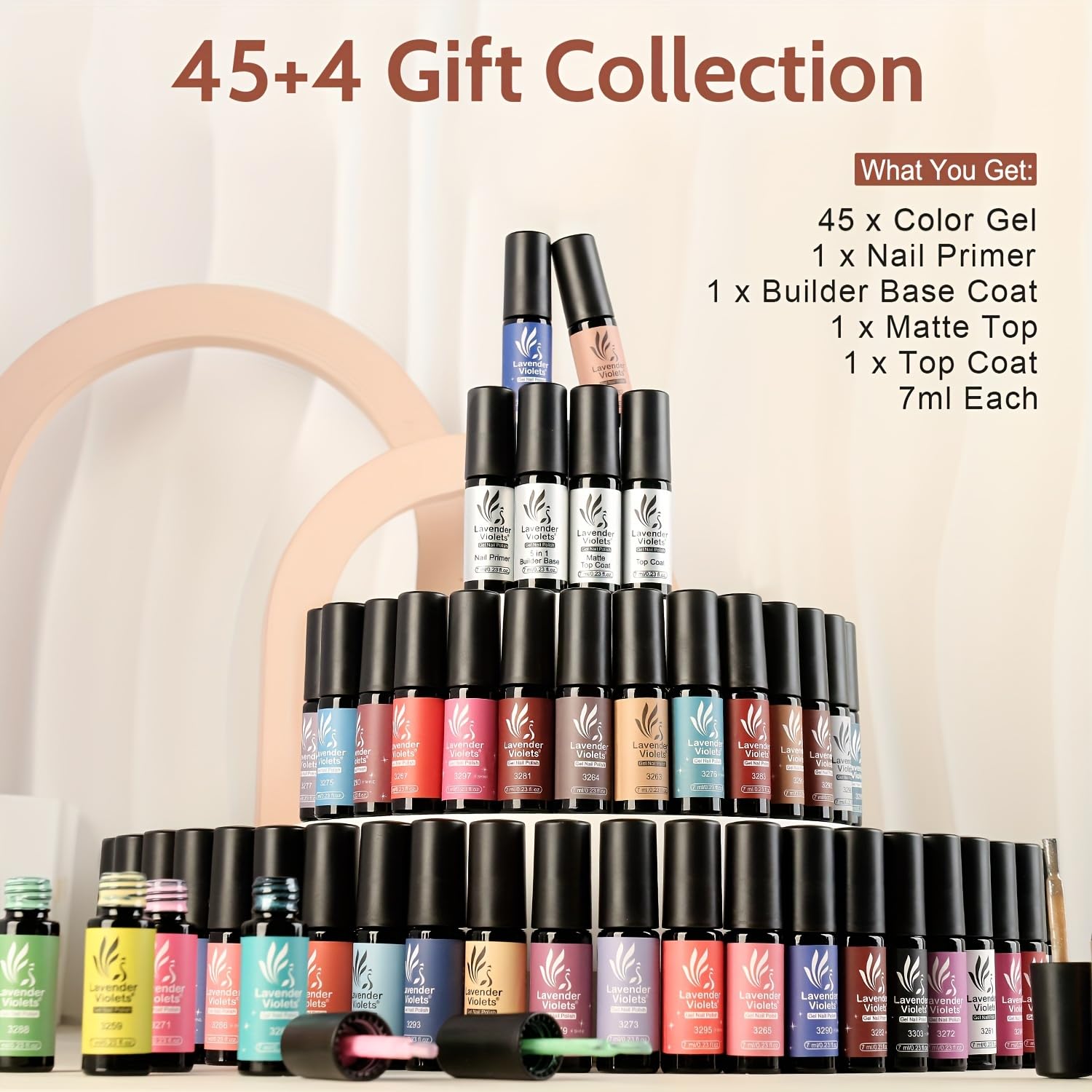 Lavender Violets 49 Pcs Gel Nail Polish Set | 45 Colors, Glossy & Matte Top Coats, UV/LED Ready A907