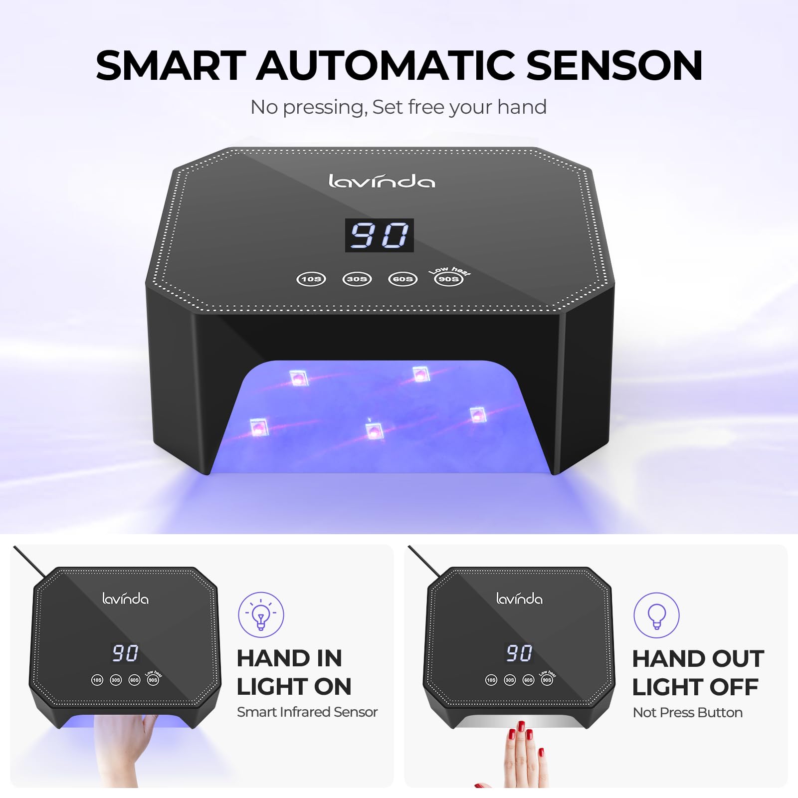 Lavinda 54W UV LED Nail Lamp – LCD Display, Auto Sensor, 4 Timers, Dual Wavelength