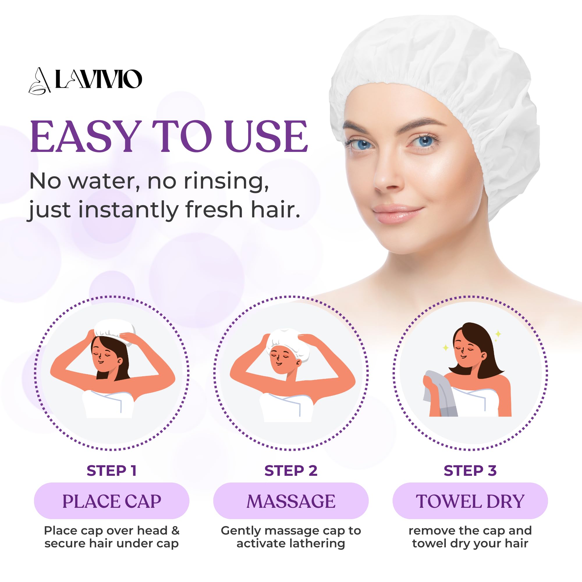 LAVIVIO No Rinse Shampoo Caps – Waterless Hair Washing for Bedridden, Elderly & Hospital Use | Aloe Vera & Vitamins – 6 Pack