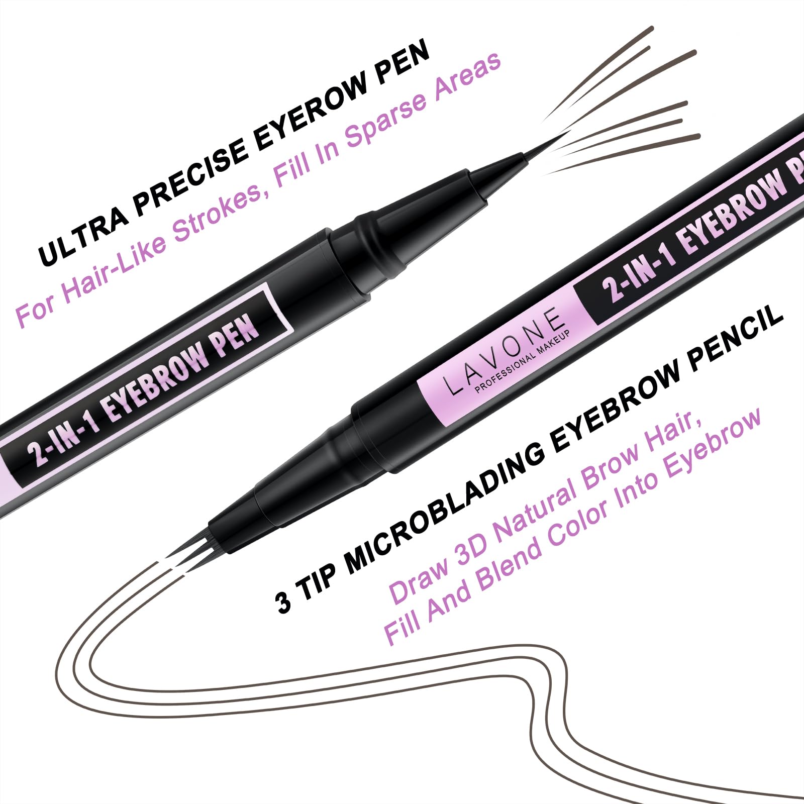 LAVONE Eyebrow Pencil 2-in-1 | Waterproof Microblade Pen, 3-Tip for Natural Brows – Medium Brown