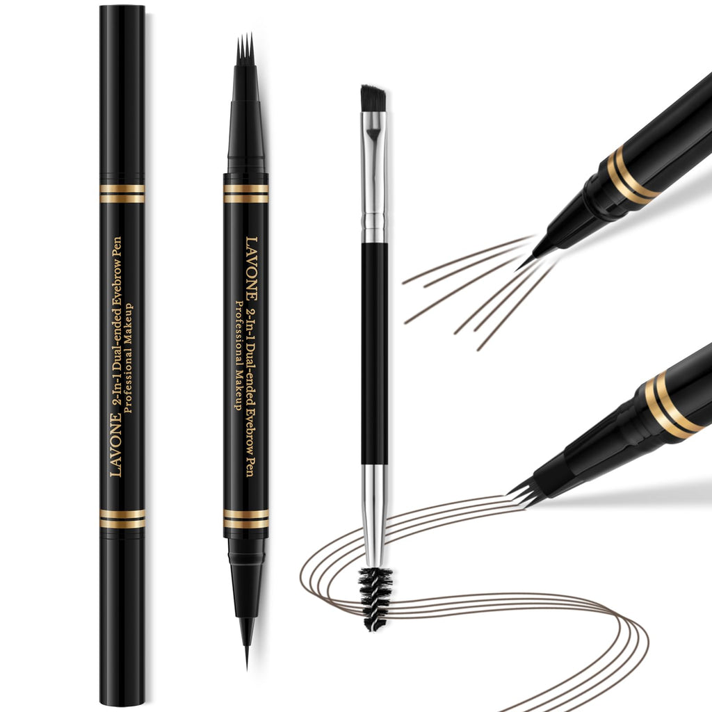 LAVONE Eyebrow Pen 2-in-1 Microblade – Waterproof, Ultra-Precise Brow Pencil (Medium Brown)