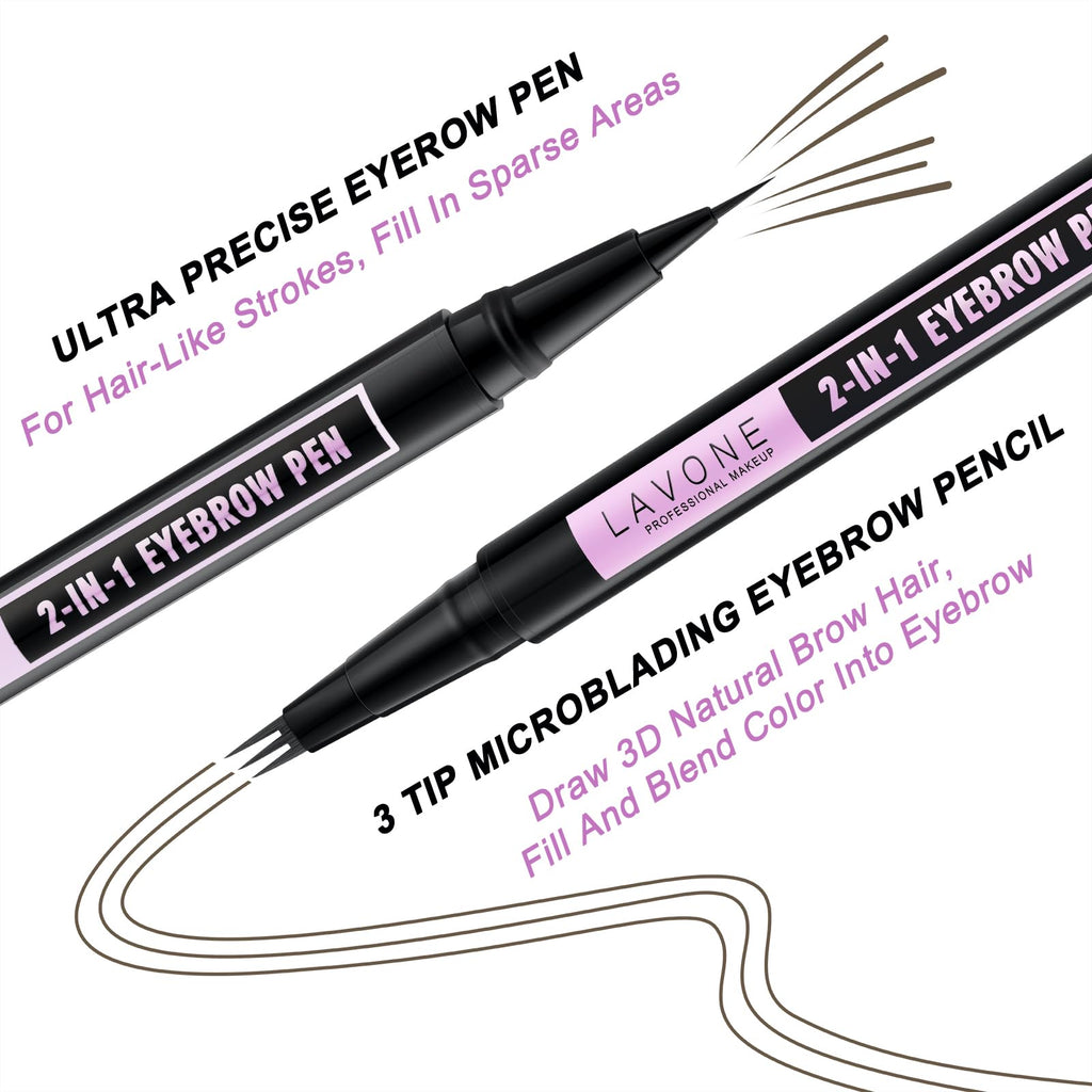 LAVONE 2-in-1 Waterproof Eyebrow Pen – 3-Tip Microblading, Ash Brown