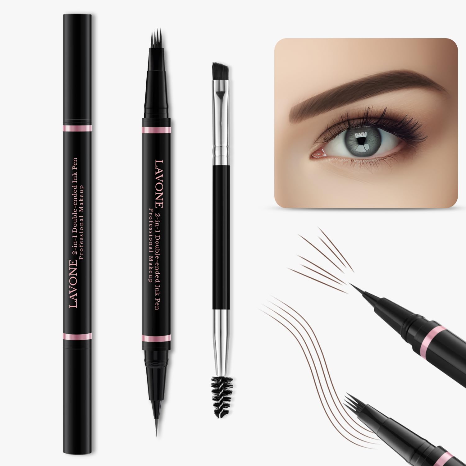 LAVONE Eyebrow Pencil Makeup Kit – 2-in-1 Waterproof Brow Pen, Pomade & Eyeliner (Brunette)