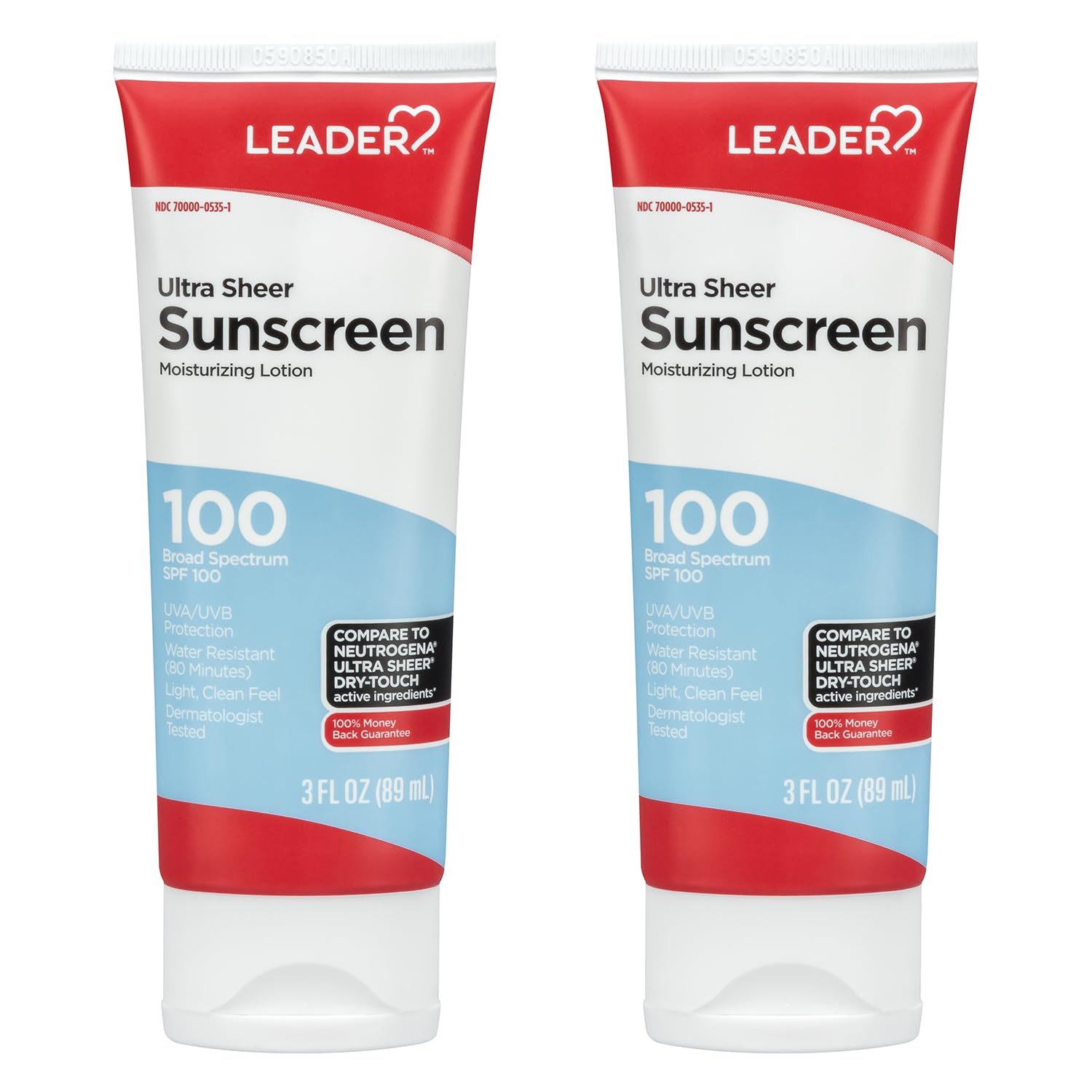 LEADER Travel Sunscreen SPF 100+ | Ultra Sheer Dry-Touch, Water-Resistant, Non-Greasy Lotion - 3 Oz (2 Pack)