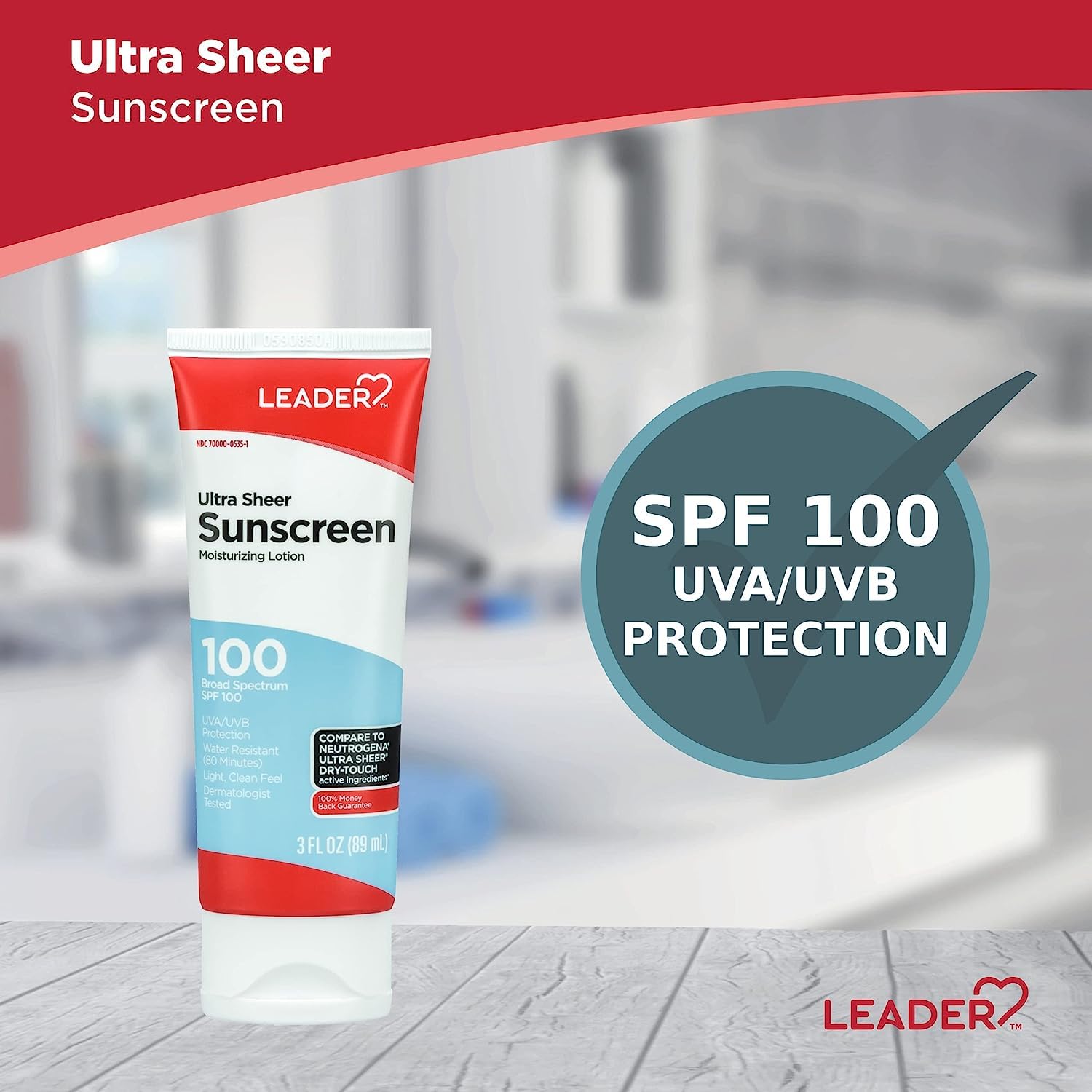 LEADER Travel Sunscreen SPF 100+ | Ultra Sheer Dry-Touch, Water-Resistant, Non-Greasy Lotion - 3 Oz (2 Pack)