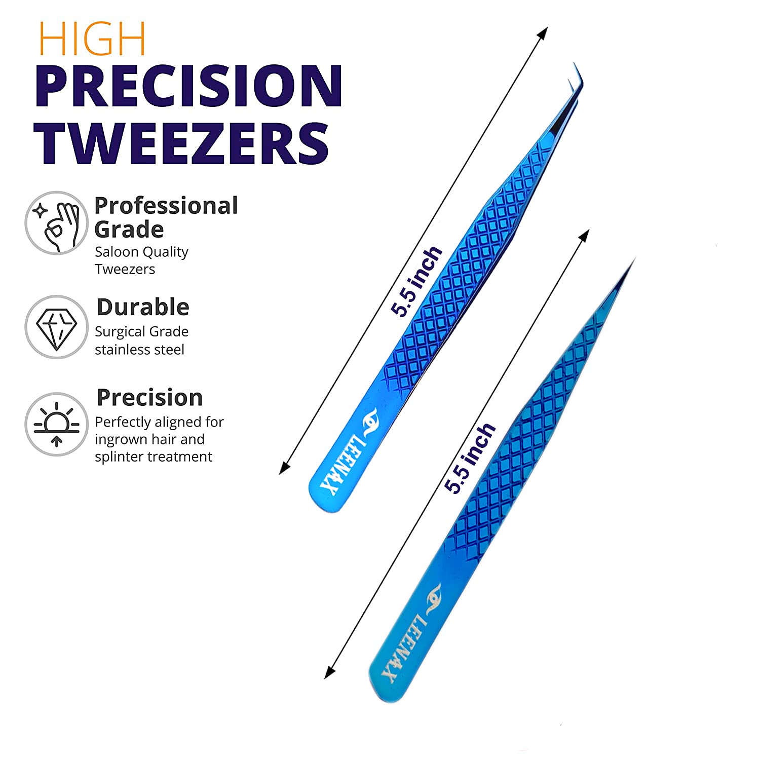 Leenax Eyelash Extension Tweezers Set – 2-Piece Straight & Curved with Diamond Grip, Blue, 14cm
