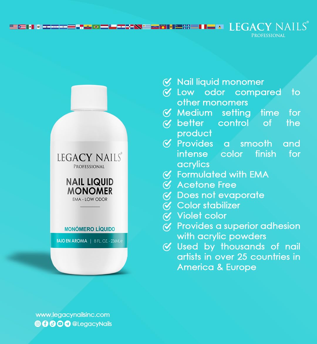LEGACY NAILS Professional Nail Liquid Monomer – MMA-Free, Acetone-Free, Low Odor, 118ml