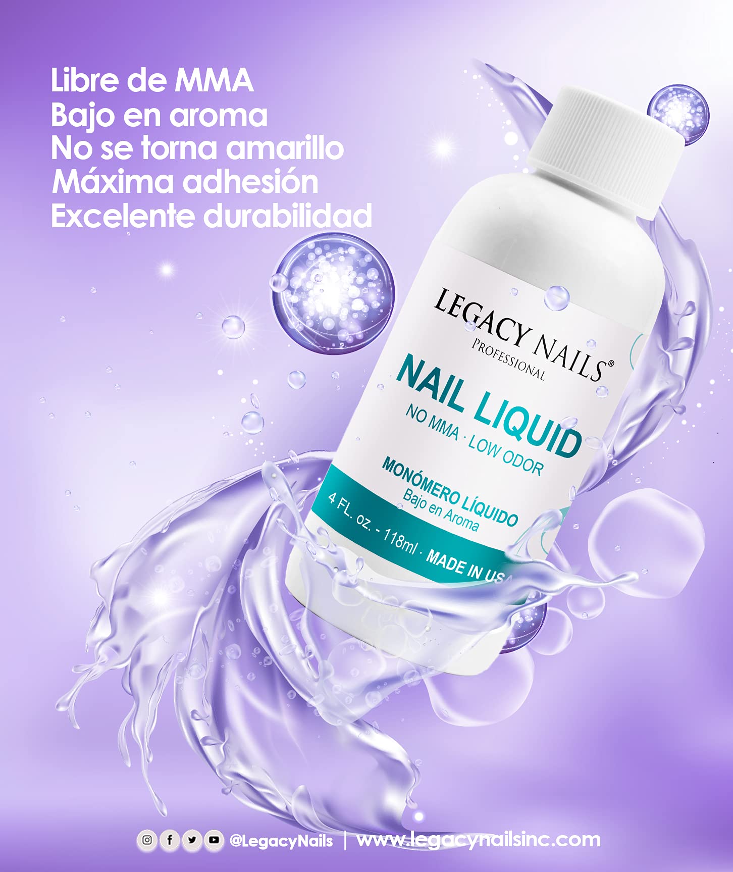 LEGACY NAILS Professional Nail Liquid Monomer – MMA-Free, Acetone-Free, Low Odor, 118ml