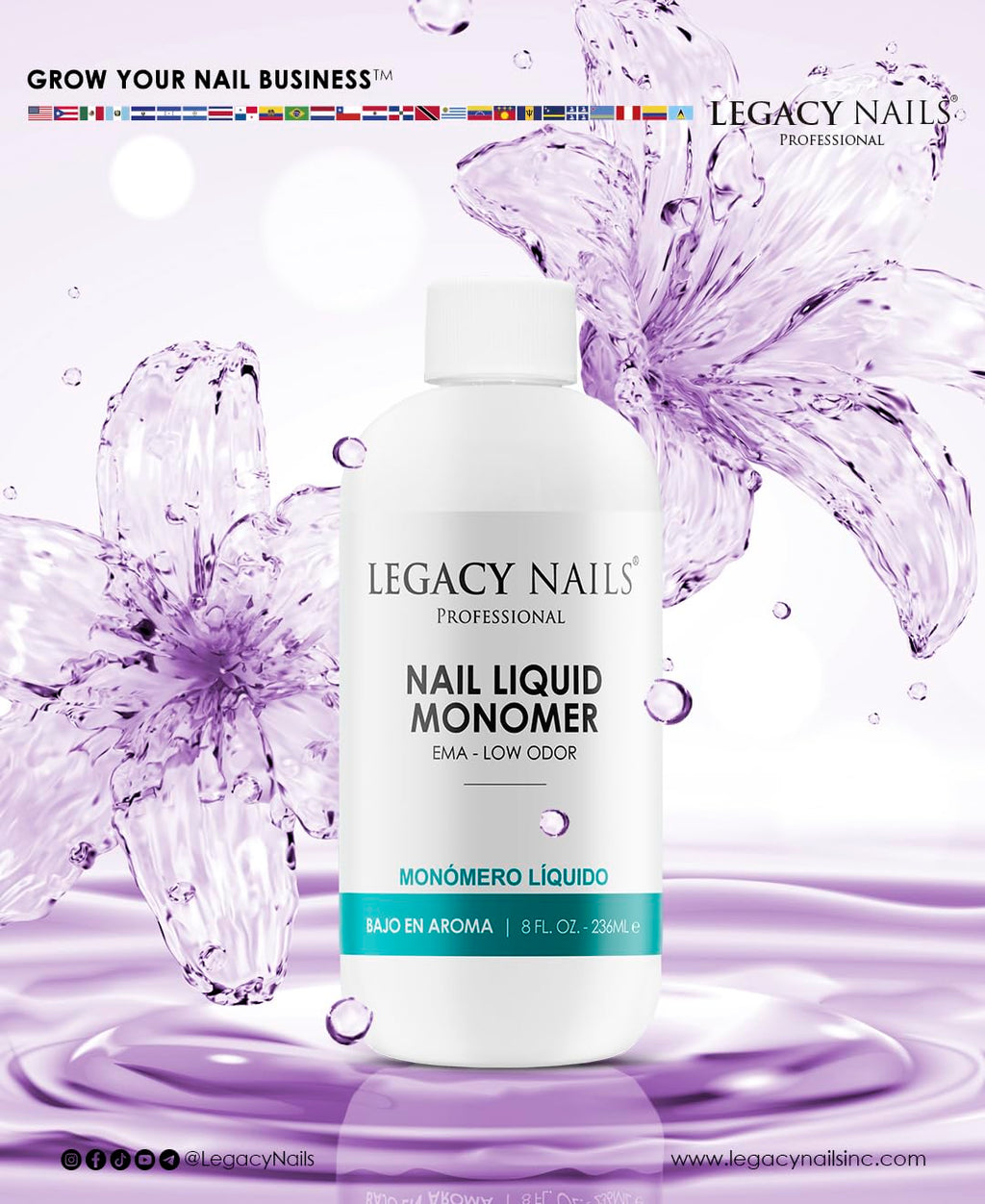 Legacy Nails Professional Nail Liquid Monomer – MMA-Free, Low Odor, Acetone-Free, 236ml for Extensions & Sculpting