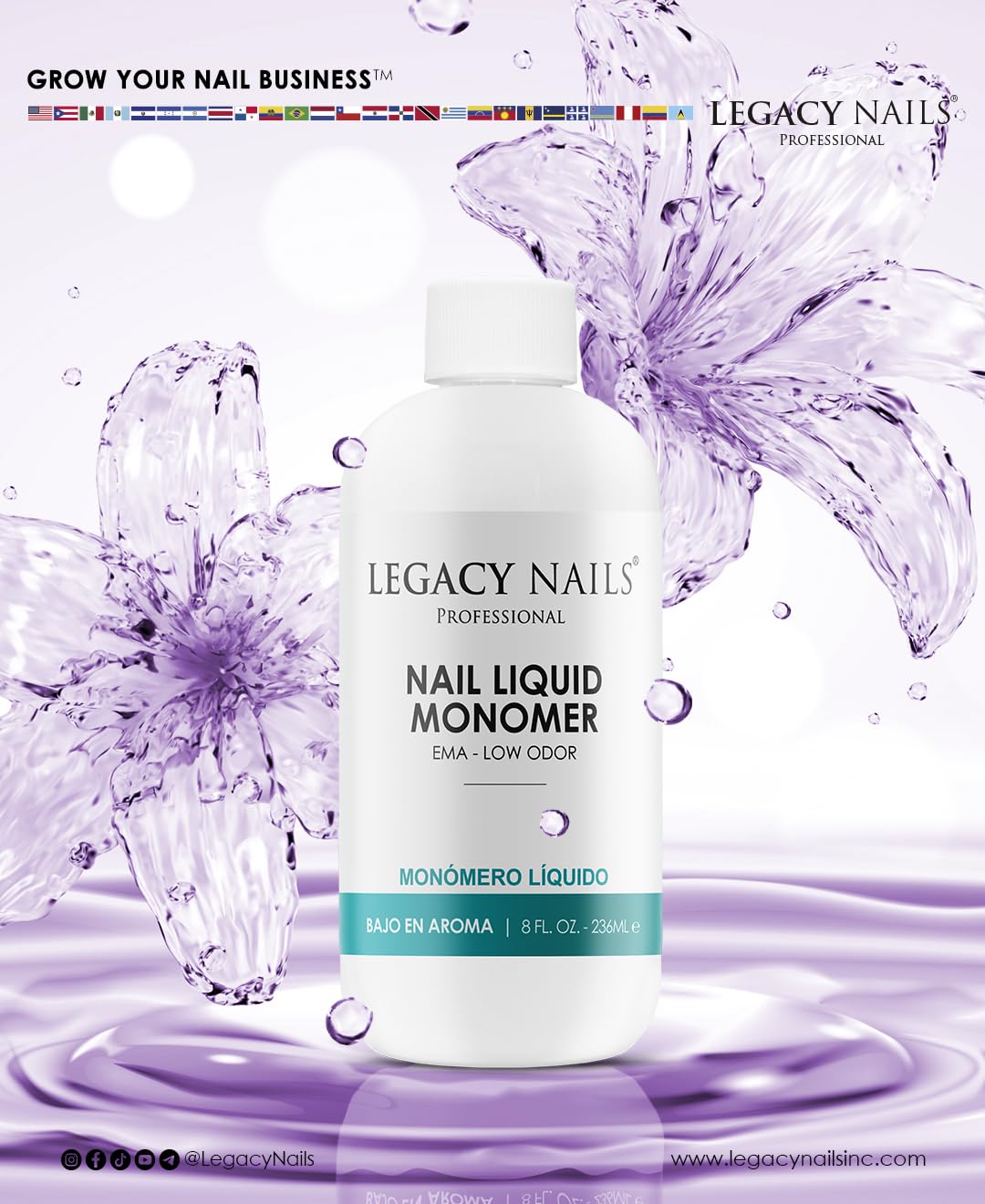 Legacy Nails Professional Nail Liquid Monomer – MMA-Free, Low Odor, Acetone-Free, 236ml for Extensions & Sculpting