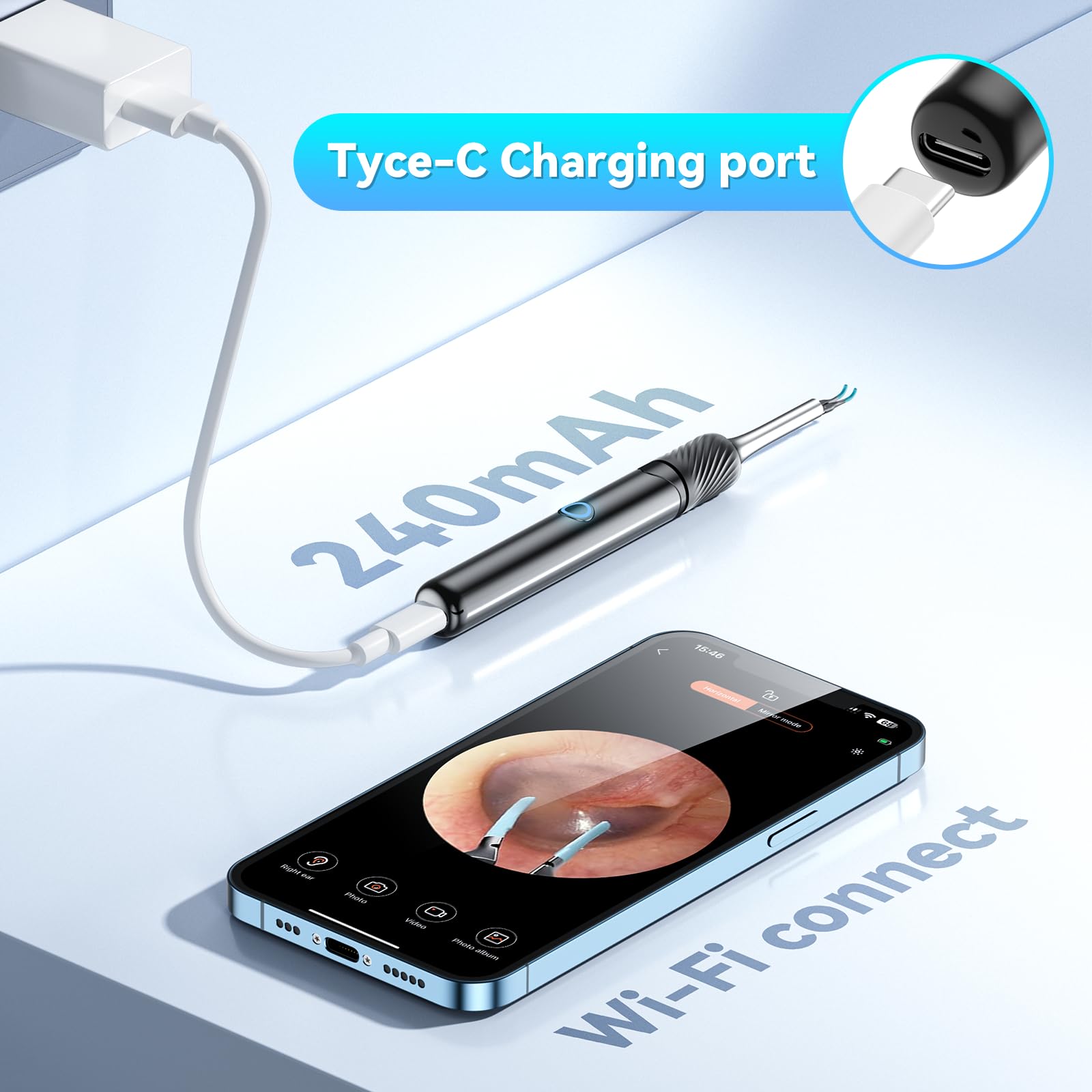 LEIPUT Ear Cleaner Kit: 360° View Otoscope with Tweezers & Light, iOS & Android