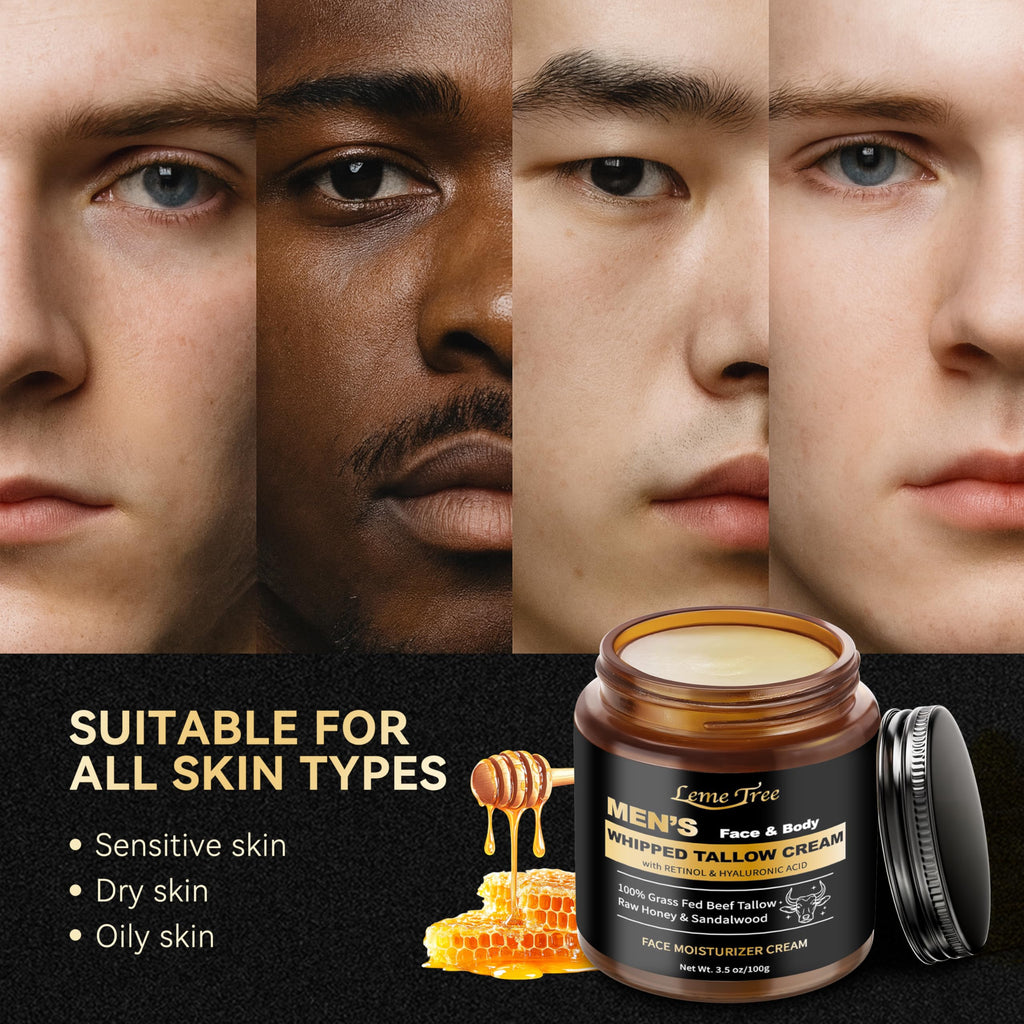 LemeTree Men's Beef Tallow Face Cream – Retinol & Hyaluronic Acid, Sandalwood, 3.5 oz
